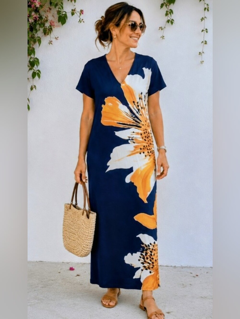 Navy Floral V-Neck Maxi Dress with Orange Bloom XL